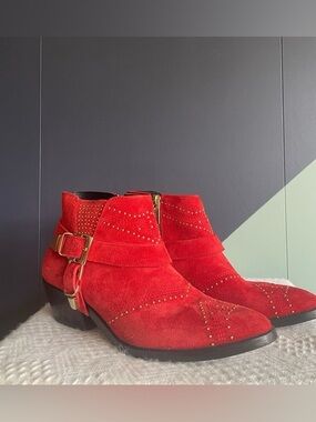 Anine Bing Bianca red suede gold studded boots booties size 10 cowgirl western